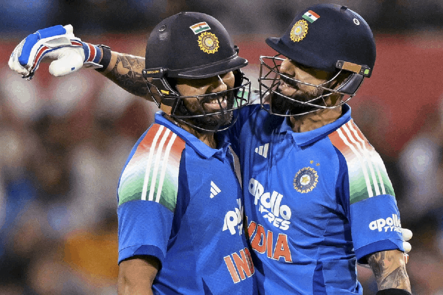 In this Saturday, Oct. 25, 2025 file photo, India's Rohit Sharma, left, and Virat Kohli during the third ODI cricket match against Australia, in Sydney, Australia.