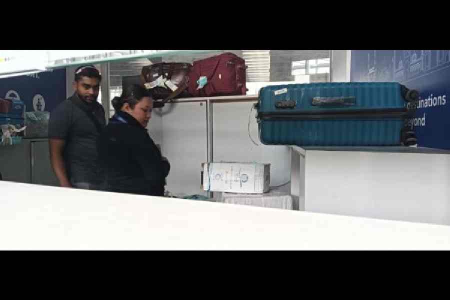 Unclaimed luggage at the GOFirst ticket counter in the departure area of the Calcutta airport on Wednesday
