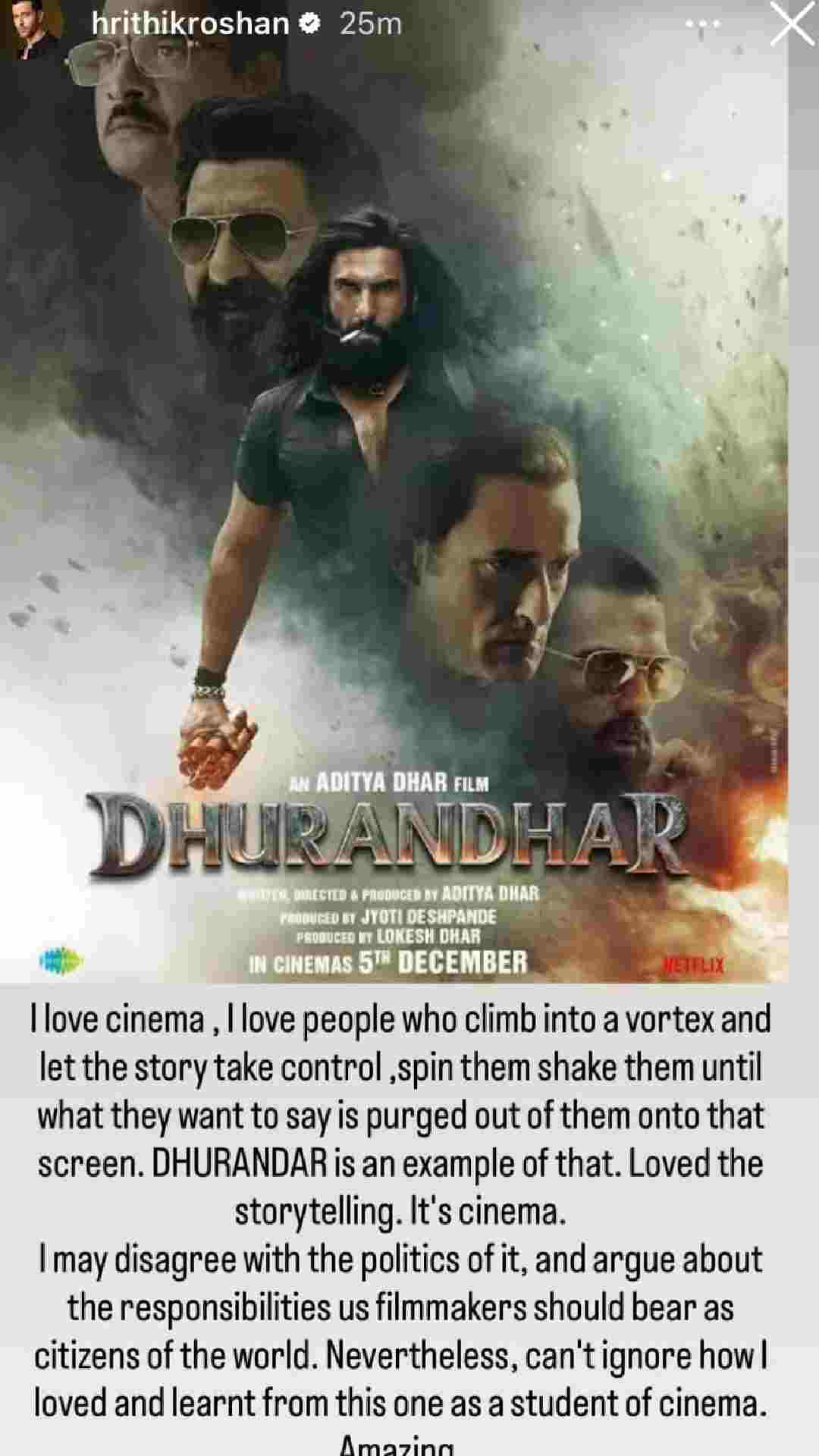 Hrithik Roshan's Instagram Story on 'Dhurandhar'