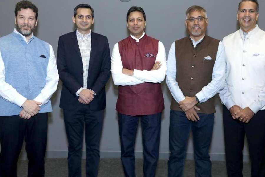 Russell Grandinetti (extreme left) and Amit Agarwal (centre) with other Amazon executives in New Delhi on Wednesday