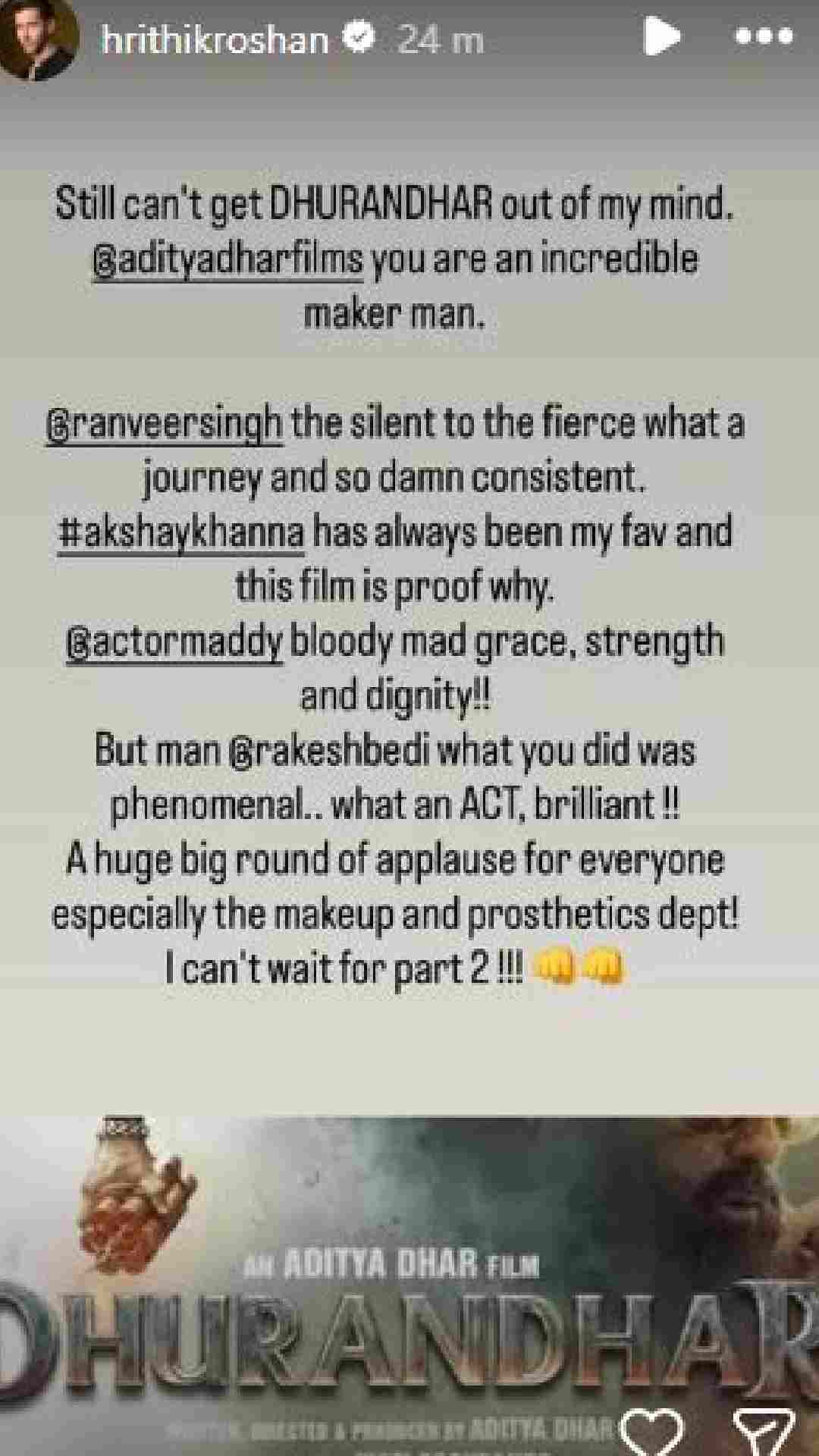 Hrithik's second post on 'Dhurandhar'