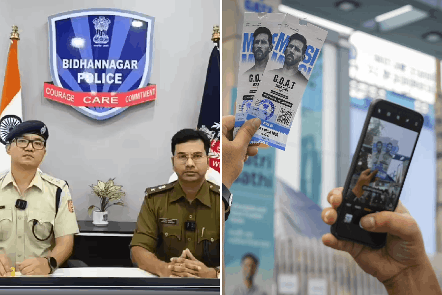Deputy Commissioner of Police, Bidhannagar, Anish Sarkar and DC Traffic Nima Bhutia (left), A fan clicks photos of tickets for Lionel Messi's 'GOAT Tour India 2025' (right)