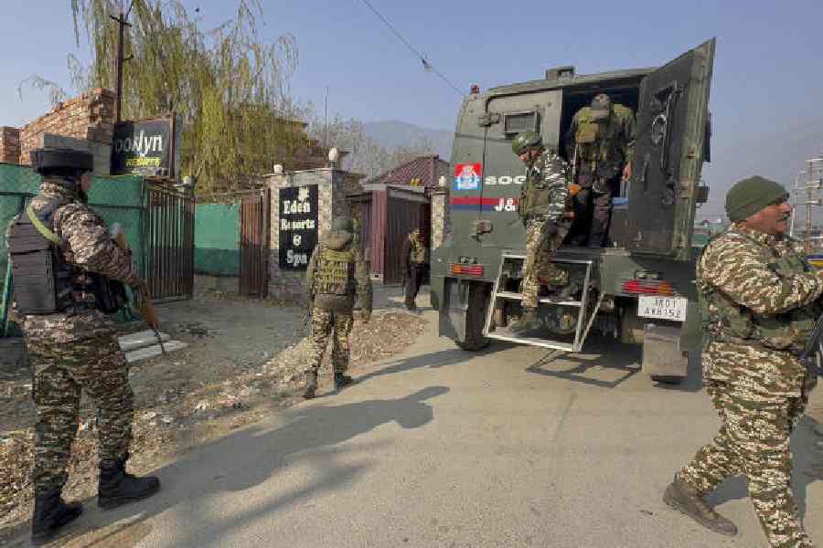 Security personnel during a verification drive at hotels in Pahalgam on Thursday.