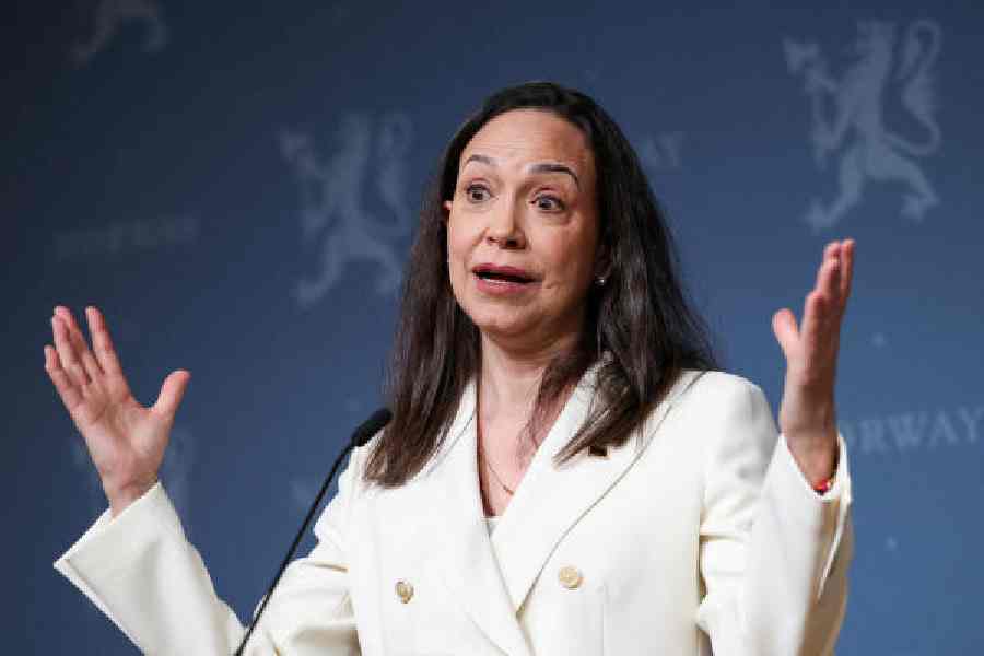 Machado addresses the media in Oslo on Thursday. 