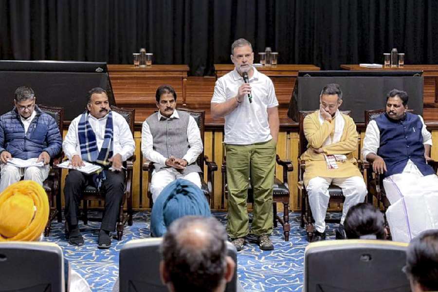 In this image posted on Dec. 12, 2025, Leader of Opposition in the Lok Sabha and Congress leader Rahul Gandhi chairs a review meeting of the party's Lok Sabha MPs, at Parliament House Annexe, in New Delhi. Congress MPs KC Venugopal, Gaurav Gogoi and K Suresh are also seen