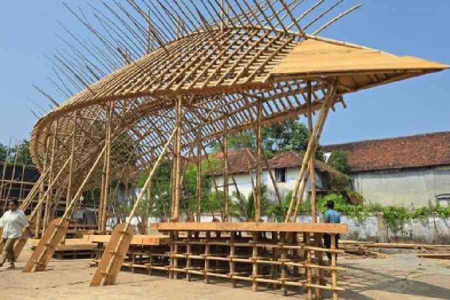 An upturned boat, created by Bhabatosh Sutar’s team, at the performance space in Kochi