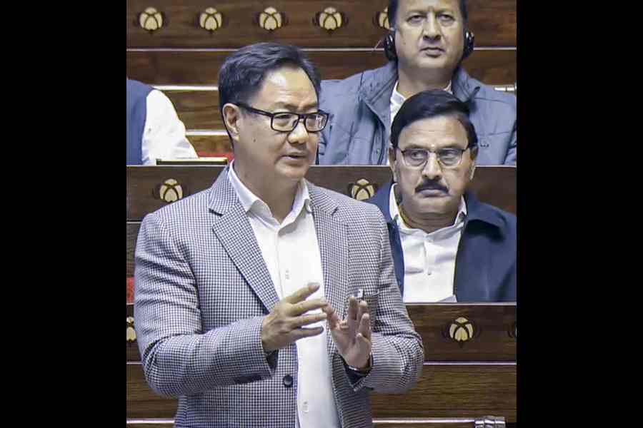 Kiren Rijiju in the Rajya Sabha on Friday after the Opposition protest over the absence of cabinet ministers from the House. 
