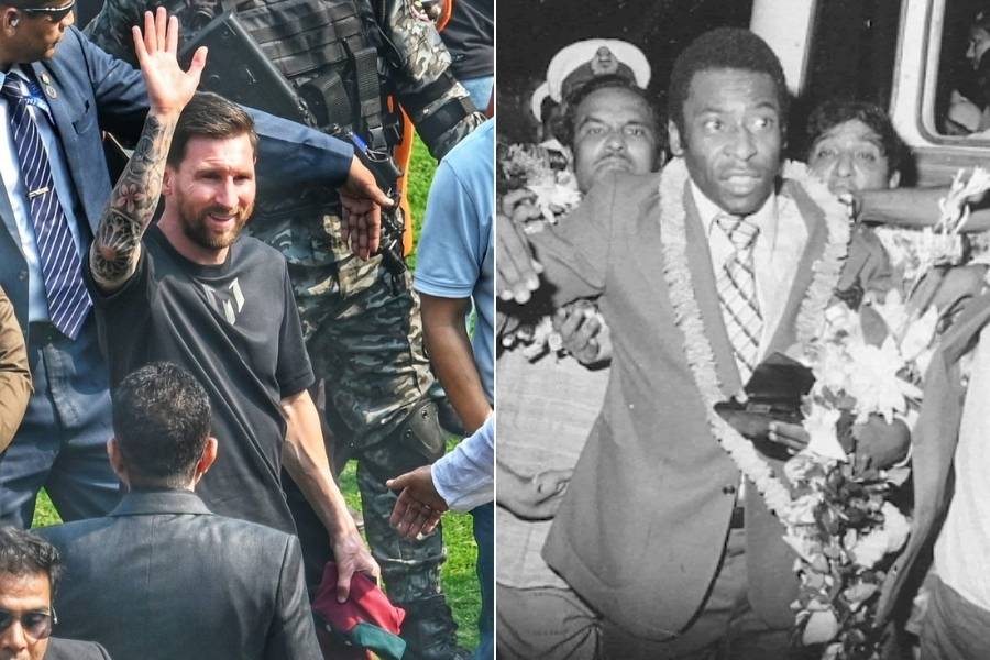 Lionel Messi in Kolkata in 2025; and Pele in the city in 1977