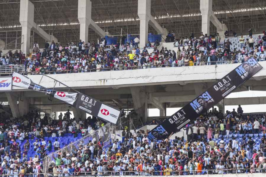 Fans of Argentine footballer Lionel Messi amid chaos during an event as part of his 'G.O.A.T. India Tour 2025', at Vivekananda Yuba Bharati Krirangan (VYBK), in Kolkata, Saturday