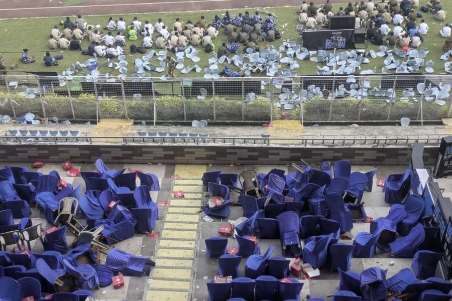 Chairs lay damaged at the largest capacity football stadium in the country 