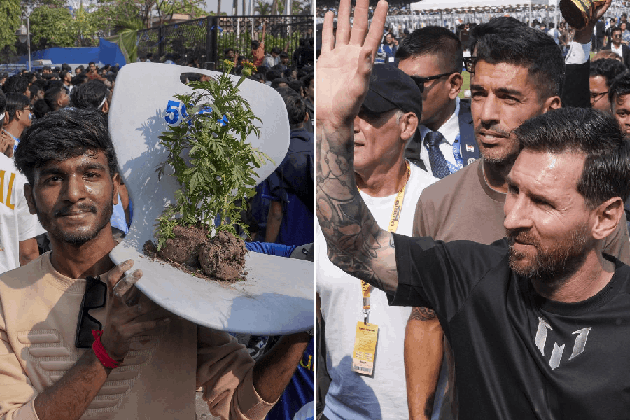 A fan outside the VYBK stadium following chaos at an event of Argentine footballer Lionel Messi as part of his 'G.O.A.T. India Tour 2025', in Kolkata, Saturday, Dec. 13, 2025 (left), Argentine footballer Lionel Messi with Luis Suarez (right)