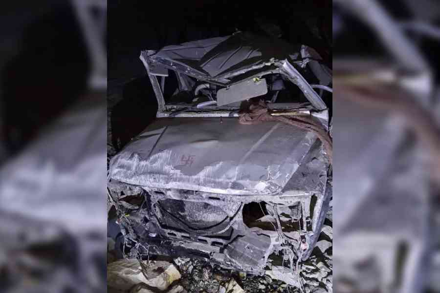 The mangled SUV pulled out of the gorge in Bhuichaly, Kalimpong, on NH10