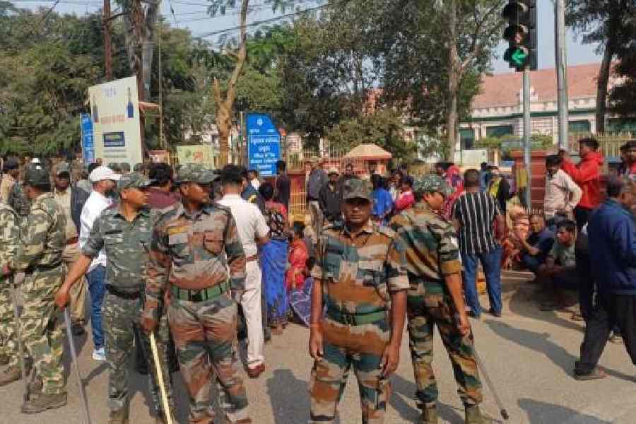 Security personnel at the protest site in Keonjhar on Saturday