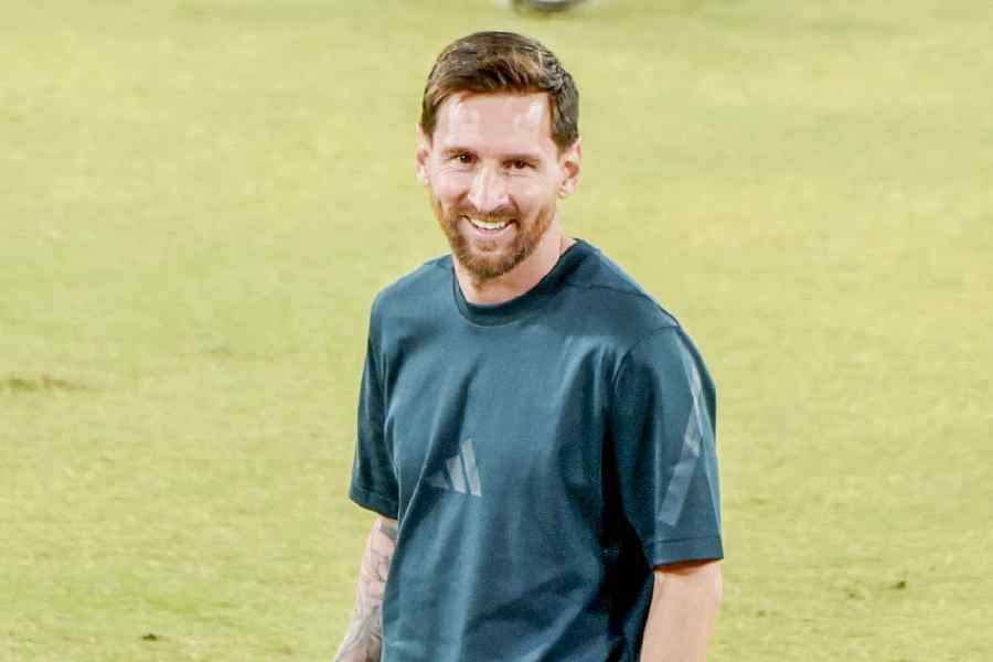 Argentine footballer and 2022 FIFA World Cup winning captain Lionel Messi during an event as part of the second leg of 'GOAT India Tour 2025', in Hyderabad, Saturday, Dec. 13, 2025.