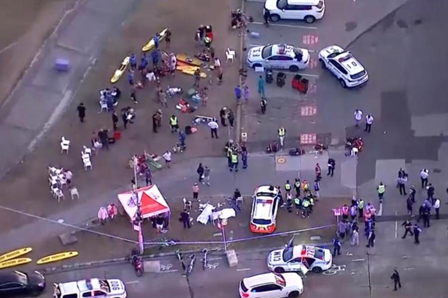 An aerial view of emergency personnel working at the scene of a shooting incident at Bondi Beach in Sydney