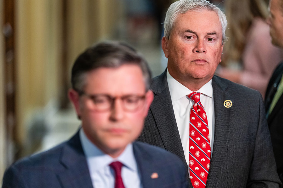 FILE — Rep. James Comer (R-Ky.) listens as House Speaker Mike Johnson (R-La.) speaks to reporters at the Capitol in Washington, Sept. 2, 2025.