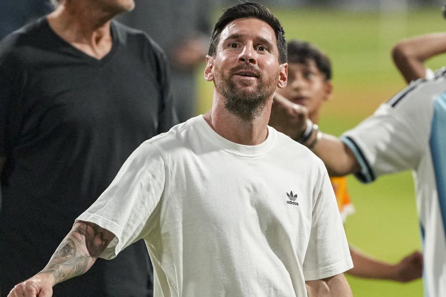 Argentine footballer and 2022 FIFA World Cup winning captain Lionel Messi, front, during an event as part of the 'GOAT India Tour 2025', at the Wankhede Stadium, in Mumbai, Sunday, Dec. 14, 2025.