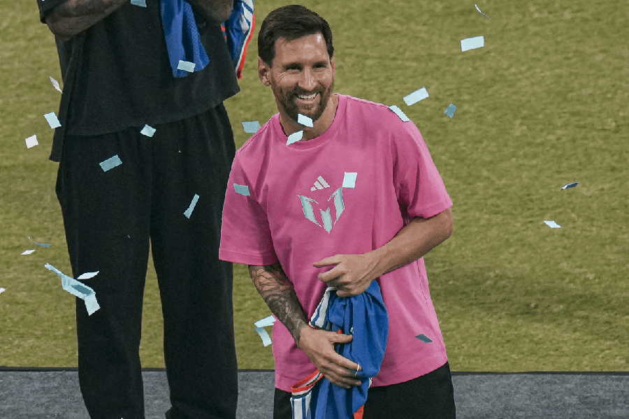 Argentine footballer Lionel Messi during the 'GOAT India Tour 2025', at Arun Jaitley Stadium in New Delhi, Monday, Dec. 15, 2025.