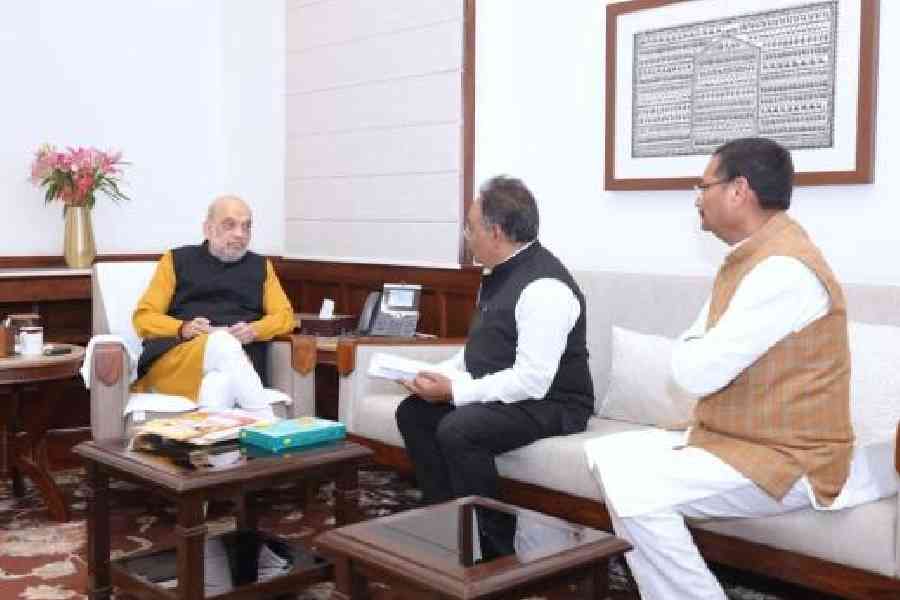 BJP state president Samik Bhattacharya and his Rajya Sabha colleague from Jharkhand Deepak Prakash meet Amit Shah in New Delhi on Monday