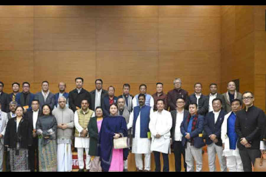 BJP leaders with the party’s Manipur MLAs at the party’s headquarters in New Delhi on Sunday. 
