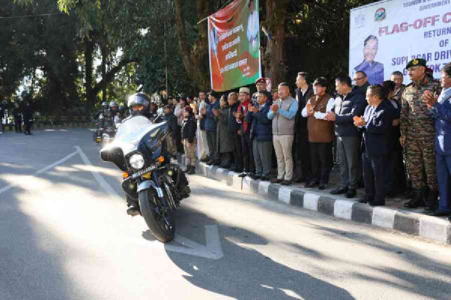Motorcycles leave Ridge Park in Gangtok on Monday for Cho-La and Dok-La