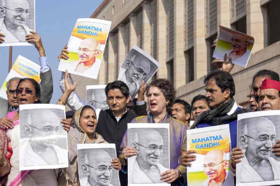 Priyanka Gandhi participates in a march against the VB—G RAM G BILL outside Parliament on Tuesday. 
