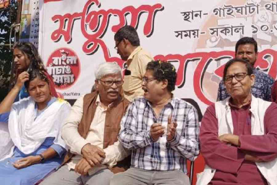 CPM leaders, including Md Salim, Sujan Chakraborty and Minakshi Mukherjee, at the rally in Gaighata, North 24-Parganas, on Tuesday. Picture by Sudip Deb