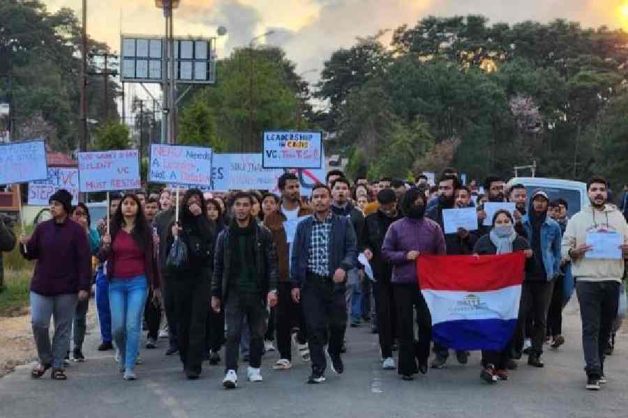 Students and staff protest against the university vice-chancellor on the NEHU campus premises in November. 
