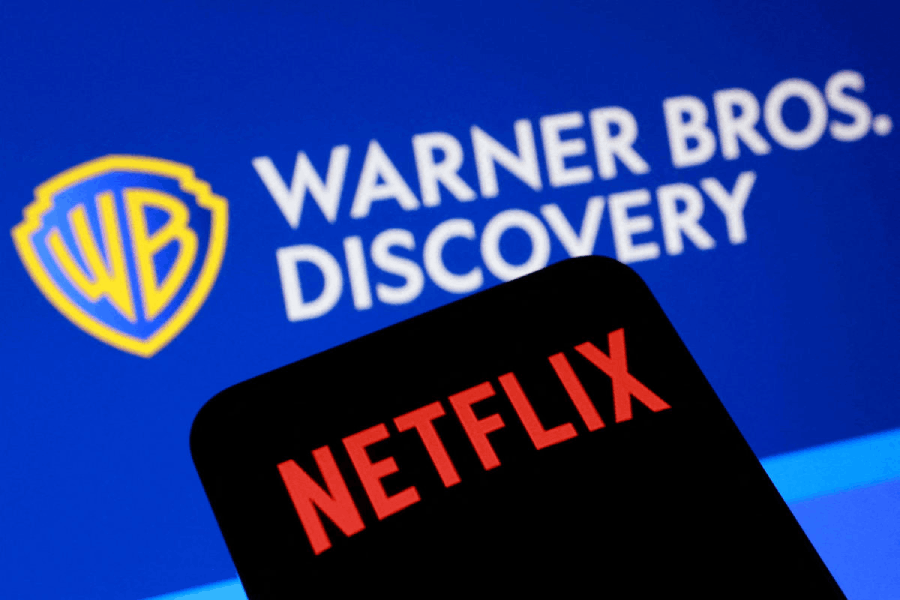 File photo: Netflix and Warner Bros Discovery logos are seen in this illustration created on December 5, 2025.