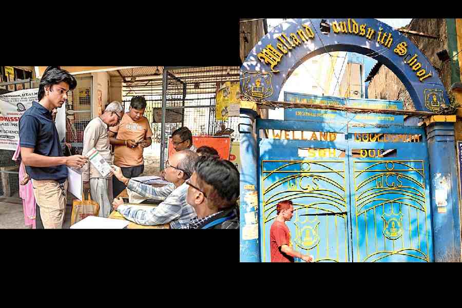 BLOs interact with voters at Eliyas Meyer School; (right) closed gates of Welland Gouldsmith School on BB Ganguly Street, a polling station, on Wednesday afternoon.