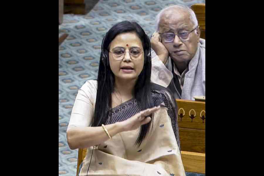 Trinamool MP Mahua Moitra speaks in the Lok Sabha on Wednesday. 