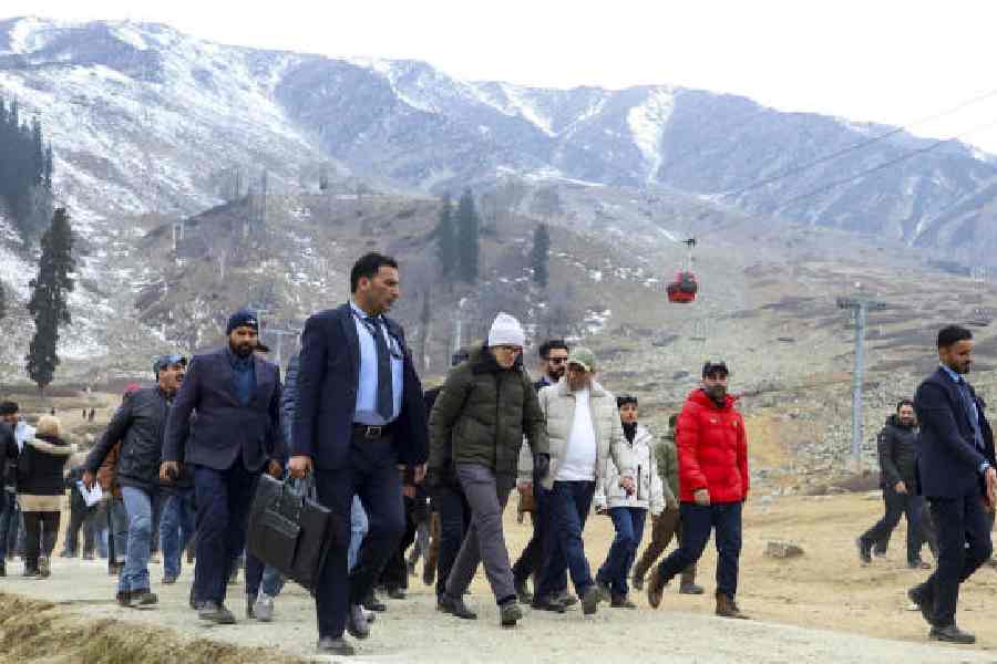 Omar Abdullah in Gulmarg on December 13. The hills in the background hardly have snow cover, which is uncommon in winter.