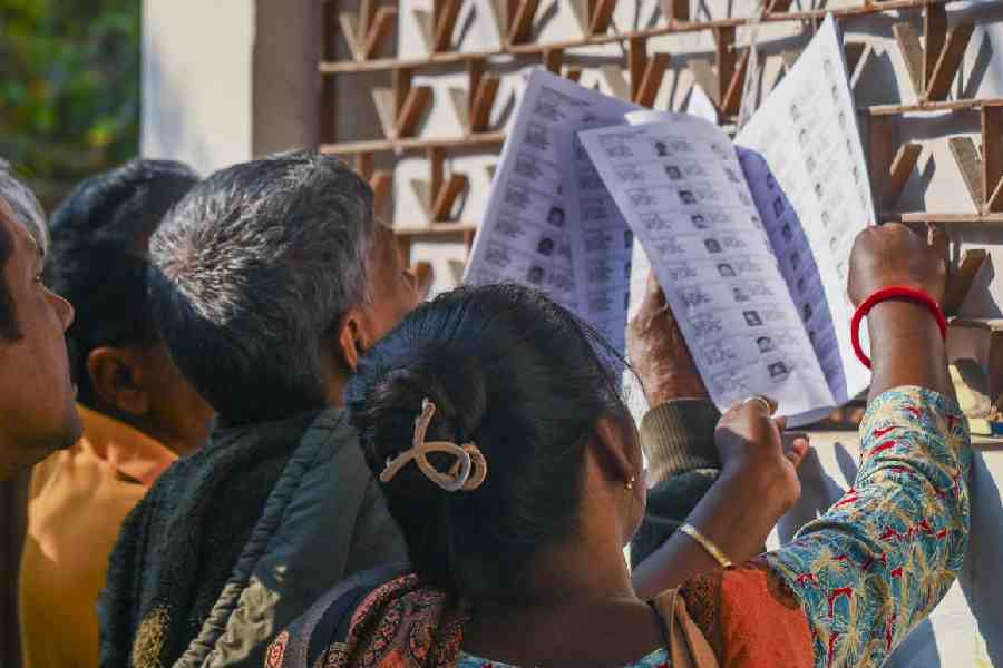 Voters check their names on the draft electoral rolls, published by the EC, in Balurghat on Tuesday.