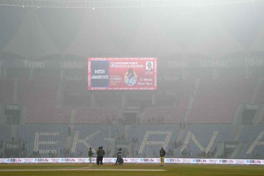 A display with 'Match Abandoned' written on it, ahead of the fourth T20 International cricket match of a series between India and South Africa, at Ekana Cricket Stadium in Lucknow, Wednesday, Dec. 17, 2025. The match was called off due to poor visibility caused by dense layer of smog