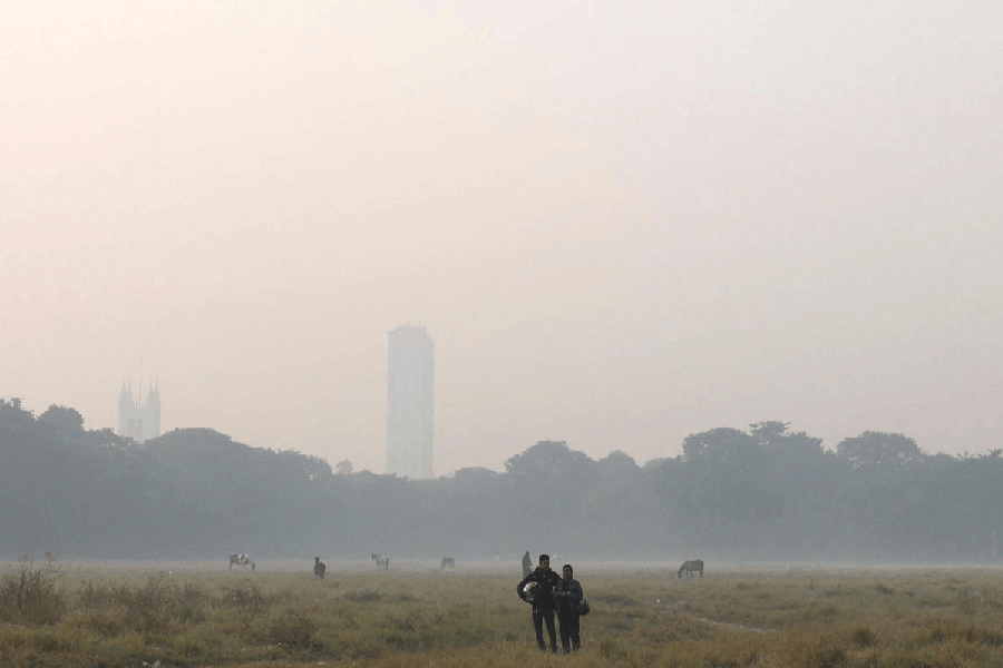 People stand inside a park on a smoggy morning amidst ongoing air pollution in Kolkata.