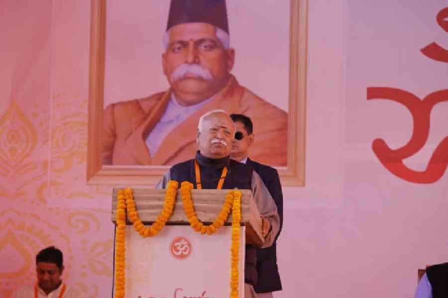 RSS chief Mohan Bhagwat speaks at the conference in Siliguri on Thursday 