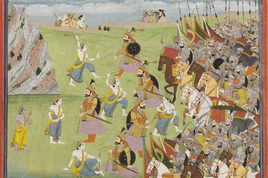 A painting from the Mahabharata depicting the fight between Balabhadra and Jarasandha