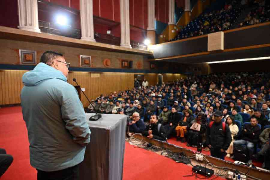 GTA chief executive Anit Thapa addresses the meeting organised by the Sanyukta Madhyamik Sikshak Sangathan in Darjeeling on Thursday