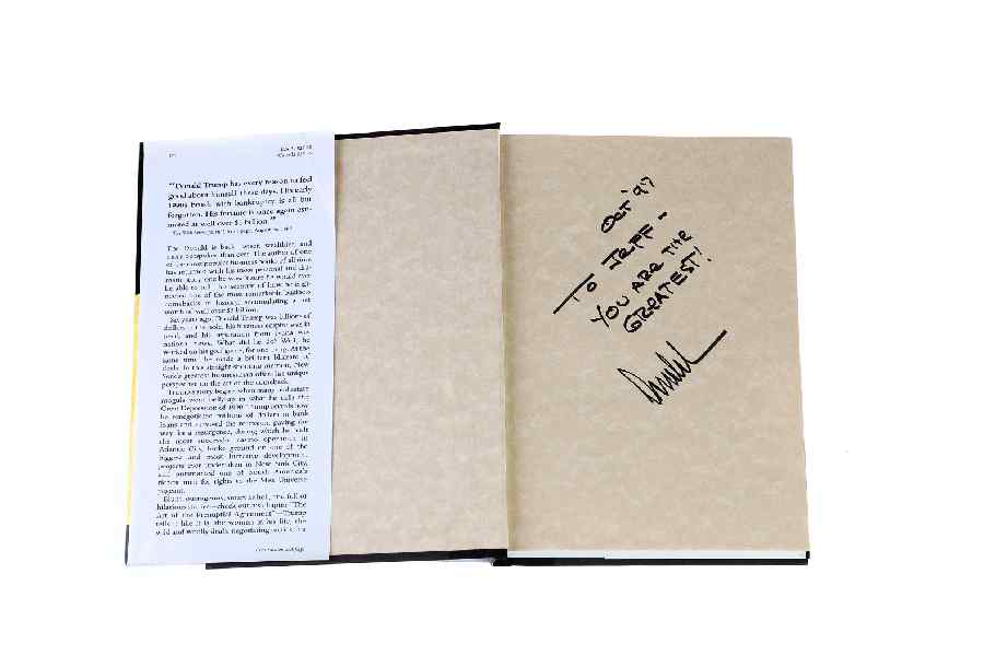 A photo of an inscription in a copy of Donald Trump’s book “Trump: The Art of the Comeback” that belonged to Jeffrey Epstein. Trump has tried to minimize his friendship with Epstein, but documents and interviews reveal an intense and complicated relationship. Chasing women was a game of ego and dominance. Female bodies were currency.