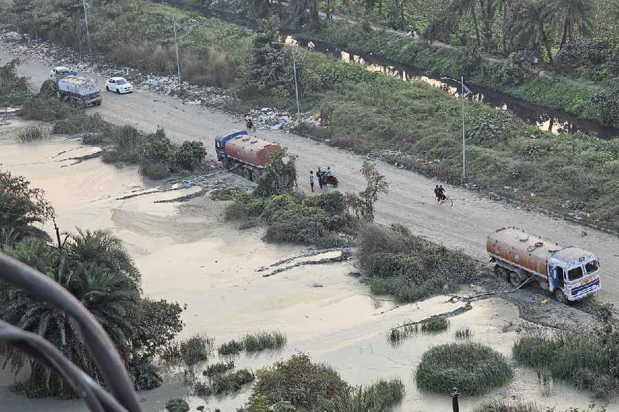 Three parked tankers dump slurry on empty plots on Monday