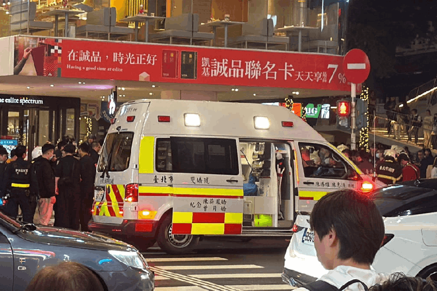 An ambulance stands outside Eslite Spectrum Nanxi store near Zhongshan station, following an incident in which several were injured after a person released smoke bombs and attacked bystanders, according to the government and local media, in Taipei, Taiwan, December 19, 2025.