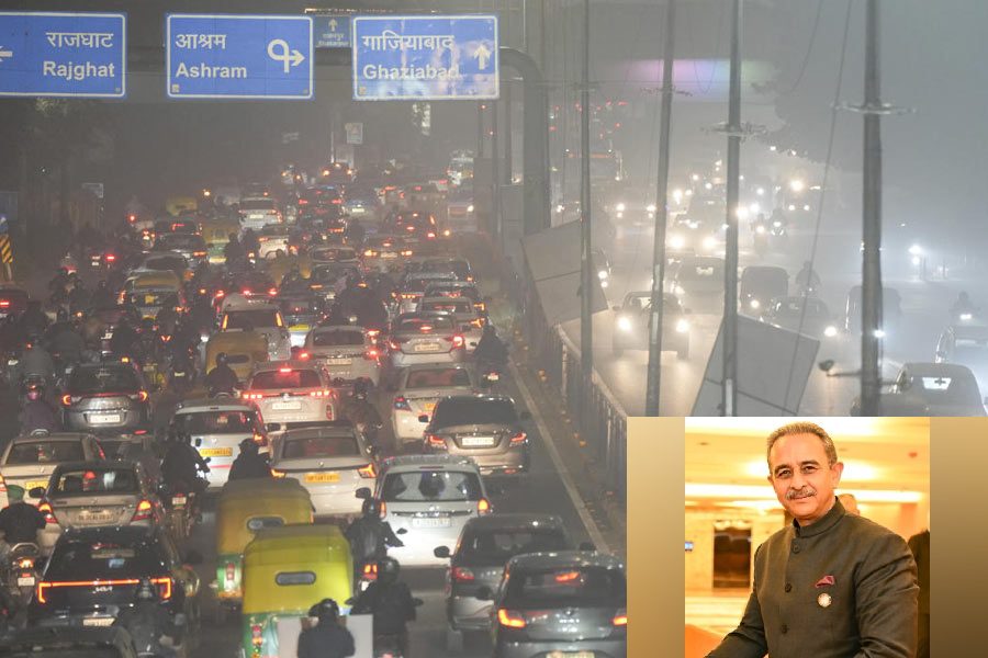 Vehicles stuck in a traffic jam as a layer of smog engulfs the city amid deterioration in the capital's air quality, in New Delhi, Thursday, Dec. 18, 2025.