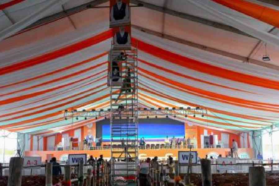 The dais being set up on Friday at Taherpur in Nadia district for Narendra Modi’s programme on Saturday.Picture by Abhi Ghosh