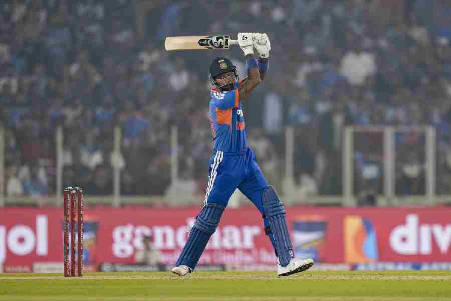 Man of the Match Hardik Pandya en route to reaching his half-century off 16 balls, for the second-fastest fifty by an India T20I batter, in the final game of the series against South Africa in Motera on Friday. He scored a 25-ball 63            in India’s 30-run victory. (PTI picture)