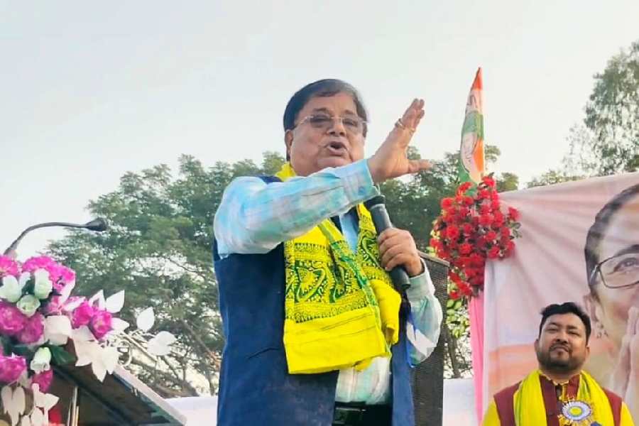 Minister Udayan Guha speaks at the public meeting in Dinhata on Saturday. 