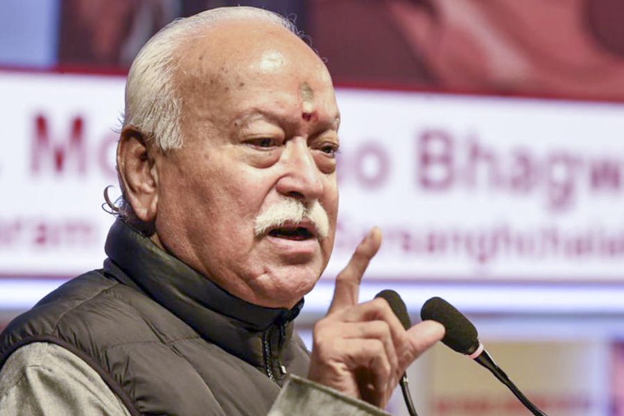 Rashtriya Swayamsevak Sangh (RSS) chief Mohan Bhagwat addresses an event marking the centenary celebrations of the RSS, in Kolkata, Sunday, Dec. 21, 2025.