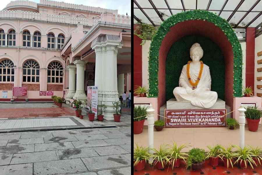 The renovated Ice House in Chennai, and (right) The statue of Swami Vivekananda at the entrance, where he was given a rousing reception upon his return from America in 1897