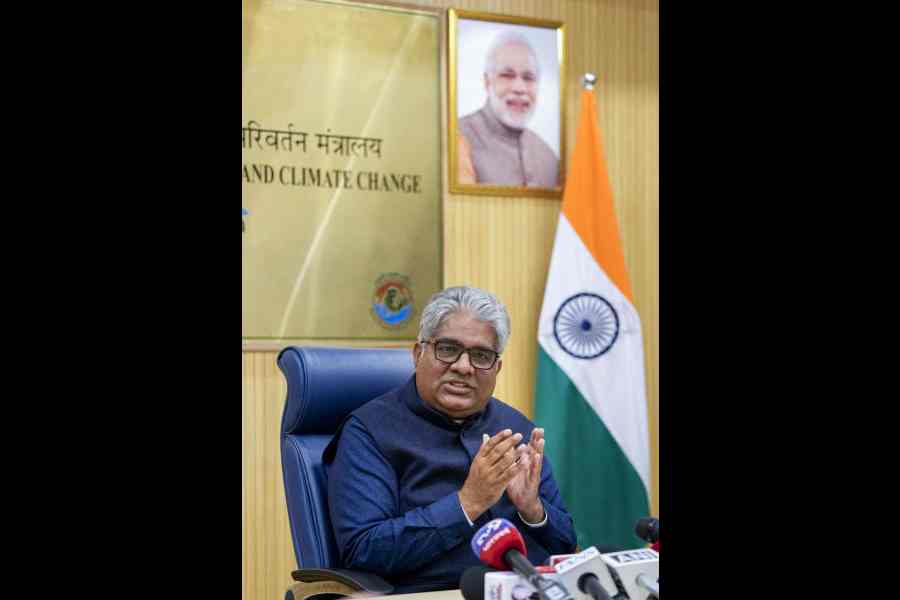 Bhupender Yadav at a news conference in New Delhi on Monday.