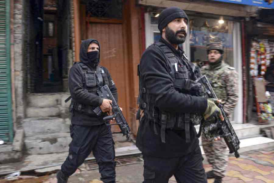 Security personnel during a search operation in Srinagar on Monday.