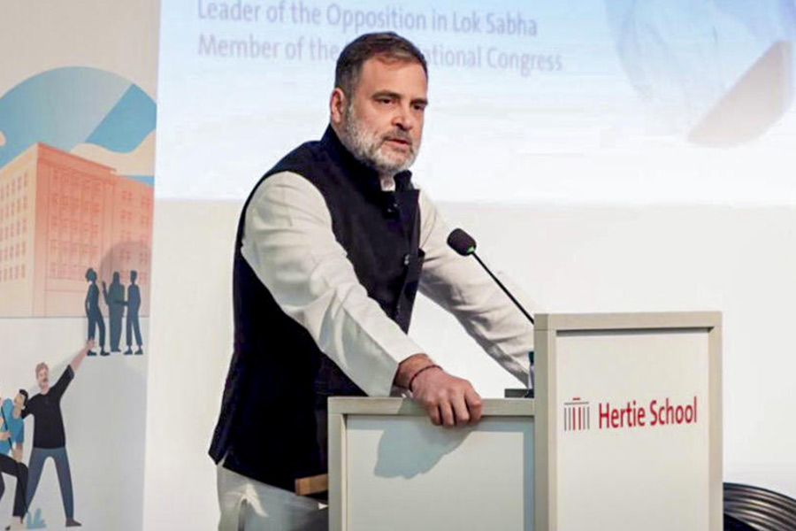 Leader of Opposition in the Lok Sabha and Congress leader Rahul Gandhi addresses a gathering during a visit to the Hertie School, in Berlin, Germany.